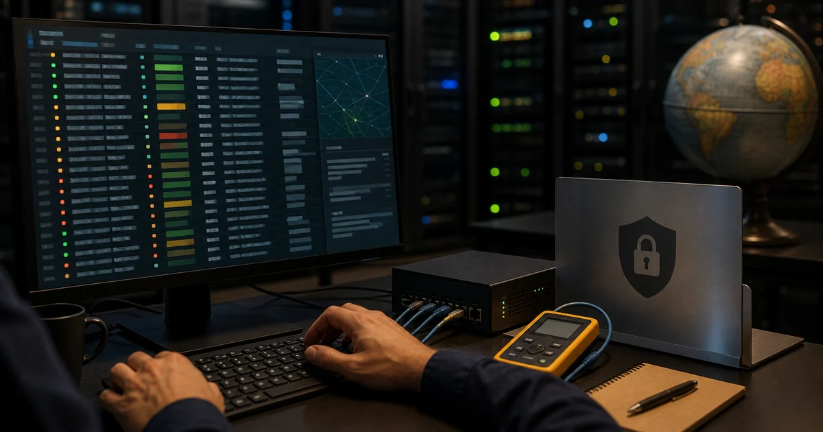 Engineer analyzing abstract AI crawler server logs beside a proxy gateway, cable tester, privacy shield, and globe