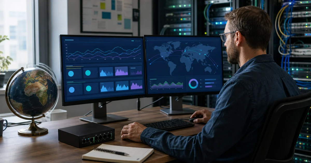 Analyst monitoring abstract AI citation trends and geographic routes beside a globe, proxy gateway, and server racks