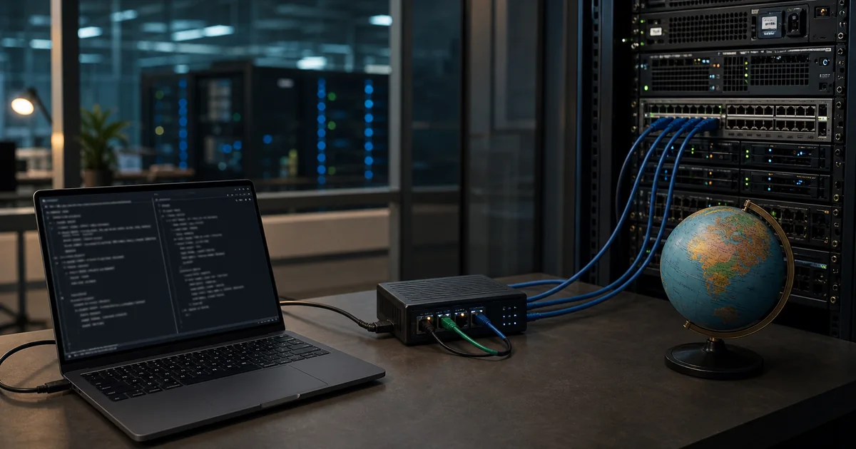 Developer terminal routing an Axios request through a compact proxy gateway toward a server rack beside a globe
