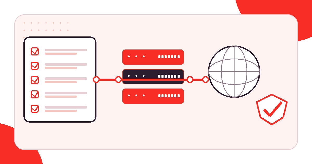 Red and white illustration of a proxy service control panel connecting customers to monitored servers and global locations