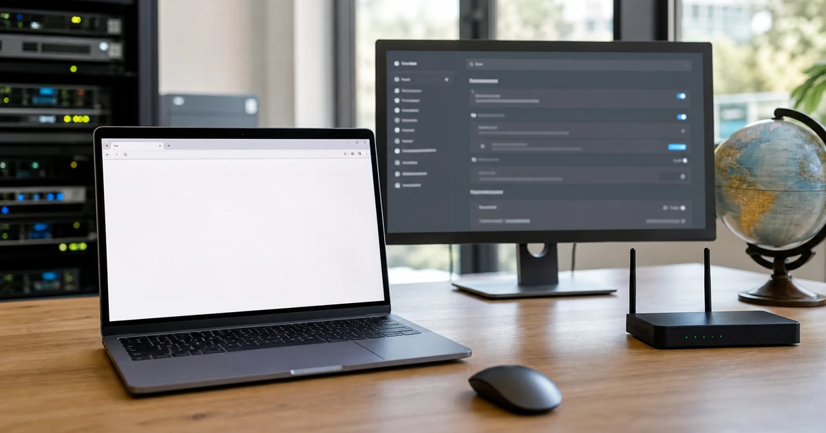 Browser workstation with system settings monitor, router, and globe