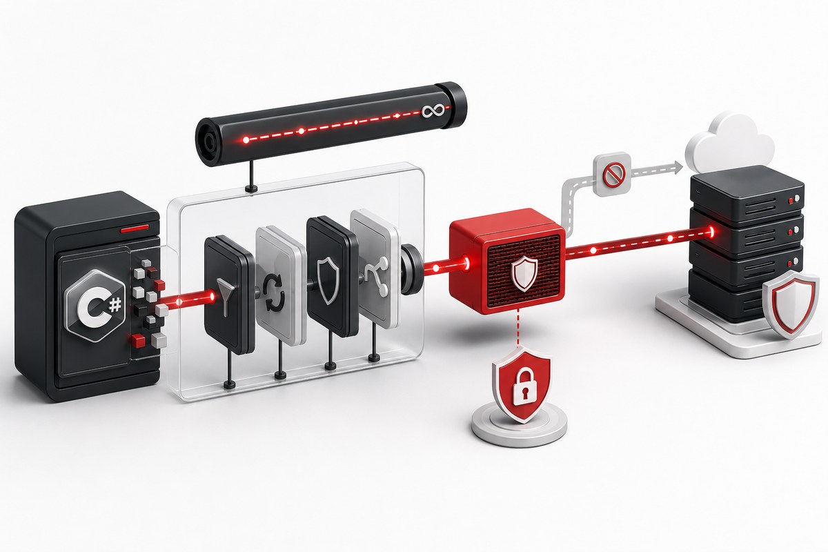 C sharp HttpClient request objects passing through a red proxy gateway to a secure web service