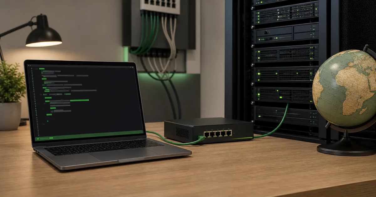 Operations terminal routing a cURL request through a compact proxy gateway toward a server rack beside a globe
