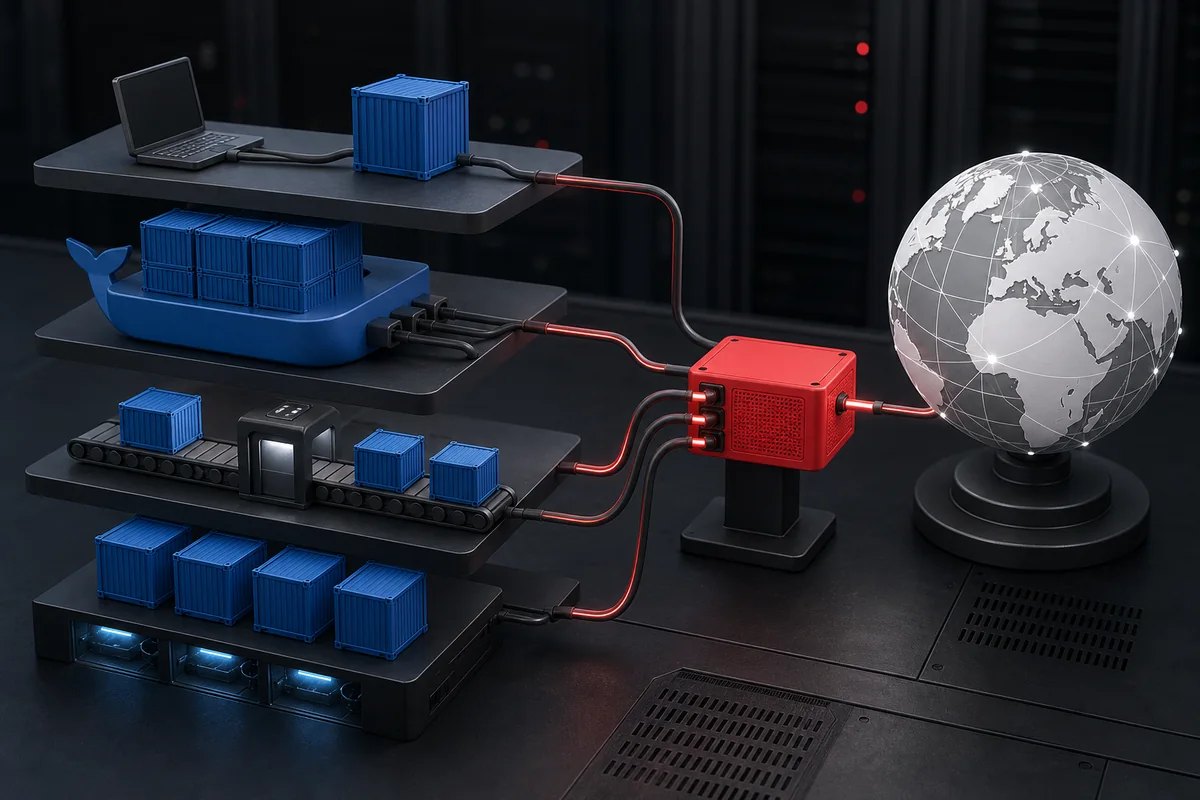 Docker containers connected through a red and white proxy gateway