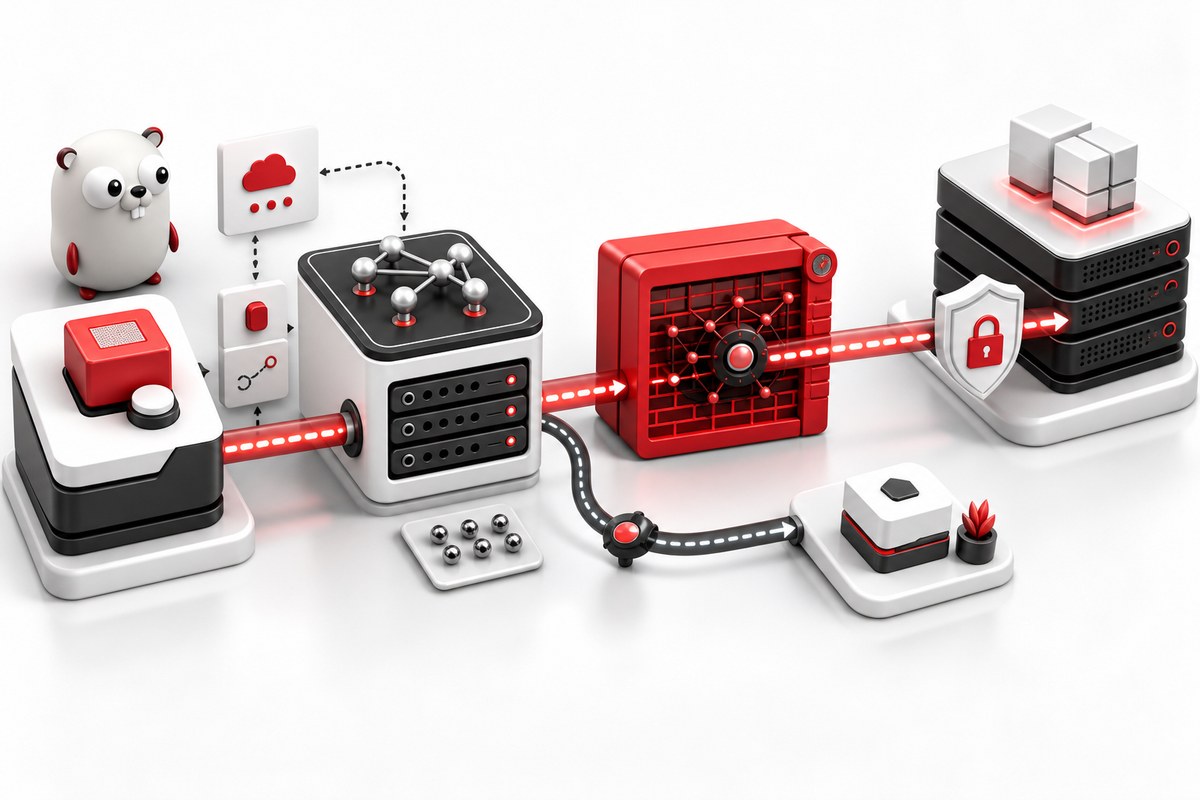 Go net http client and transport objects routing a request through a red proxy server toward a web endpoint