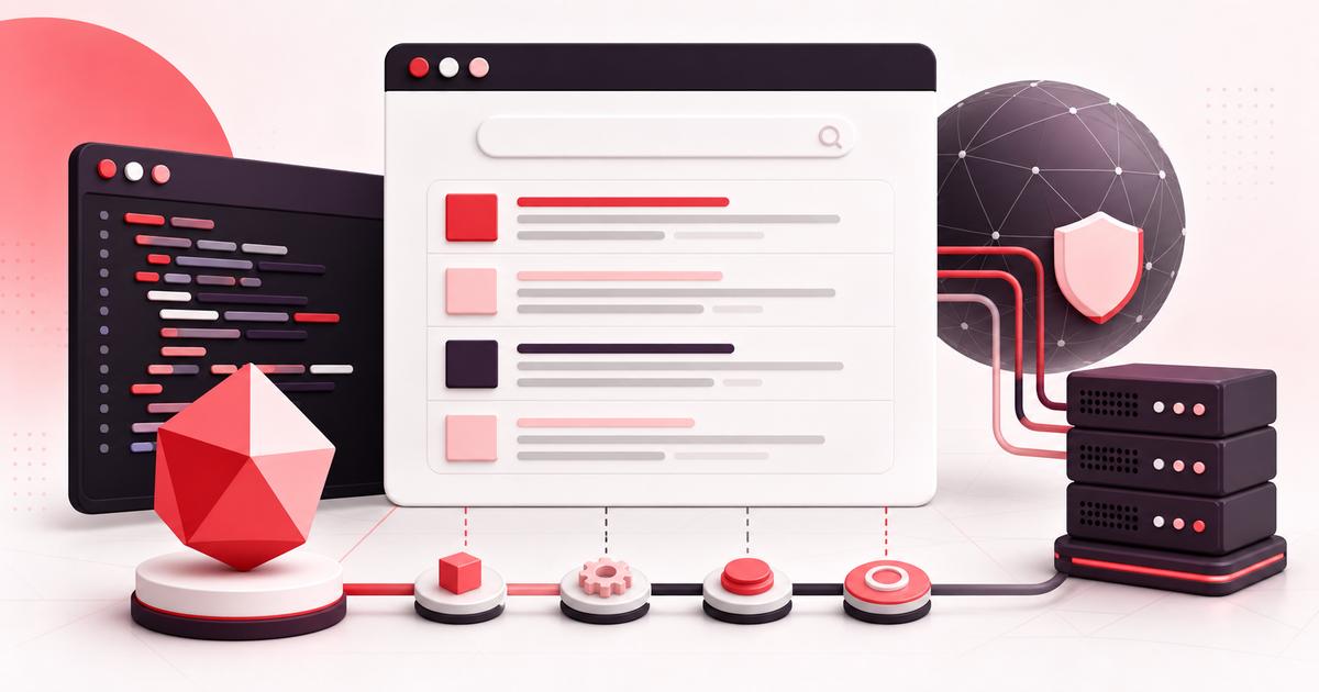 Red and white terminal and browser illustration with structured search cards passing through a proxy route