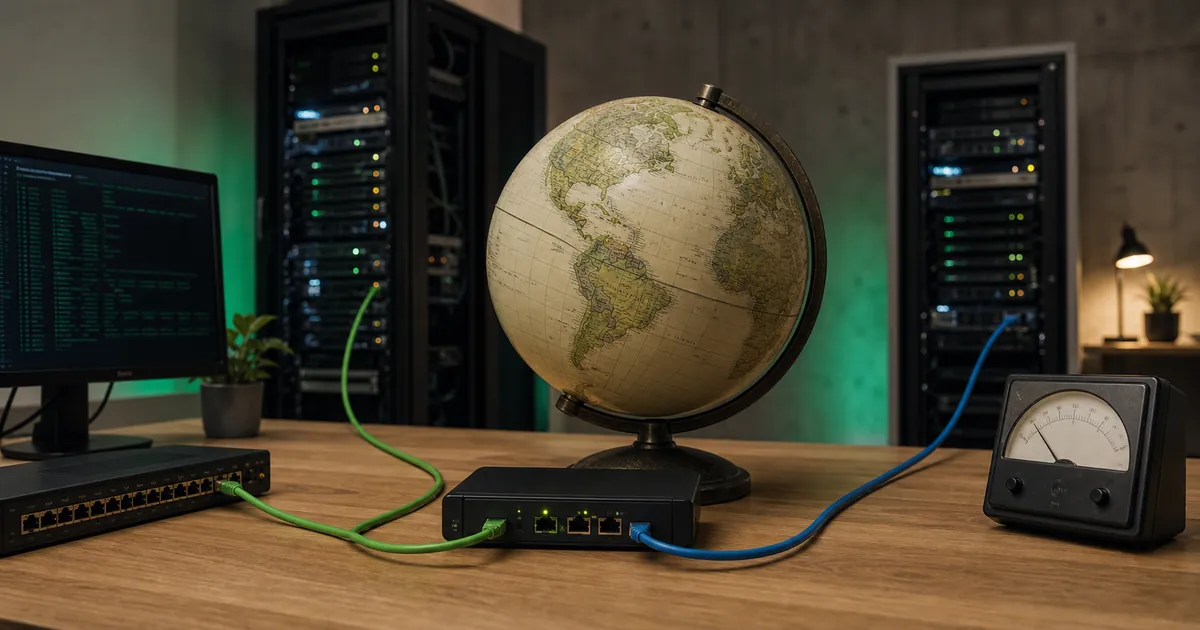 Network operations desk comparing country and city proxy routes on a physical globe beside server racks