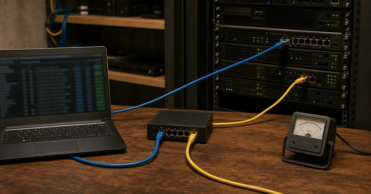 Laptop comparing a direct network route with a route through a compact proxy gateway