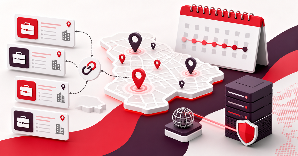 Red and white public job cards sorted into location columns with a proxy route and calendar