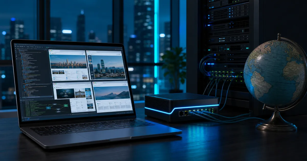 QA workstation running browser automation through a compact proxy gateway beside a server rack and globe