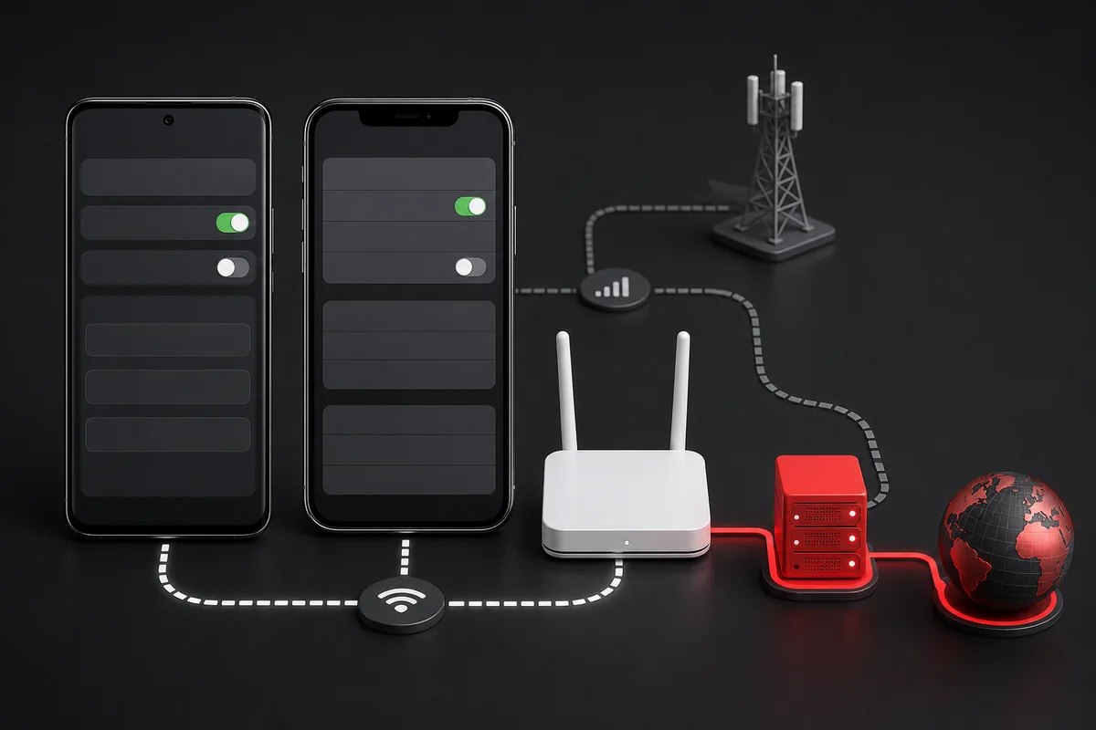 Android phone and iPhone Wi-Fi settings connected to a red proxy server