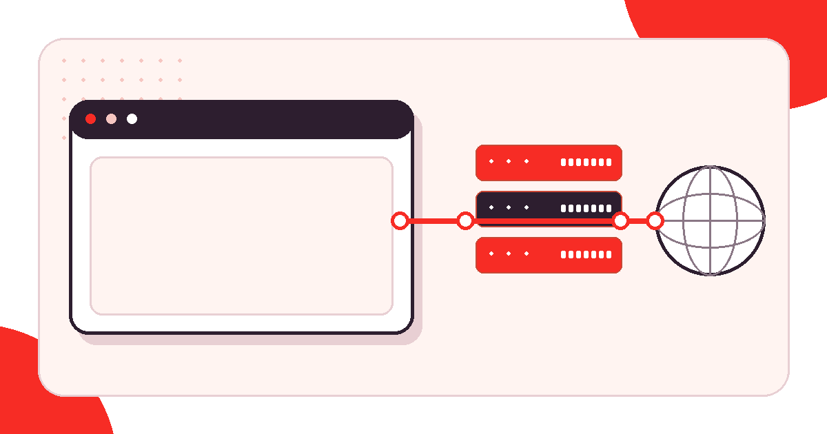 Red and white browser illustration with a route switch sending web traffic through a proxy server