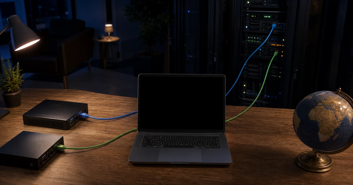 Privacy desk with two distinct network routes leading to servers