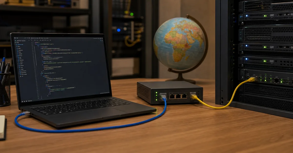 Developer laptop running Python code through a compact proxy gateway toward a server rack beside a globe