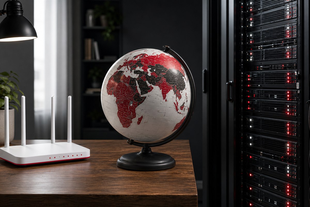 White home router beside a red and white globe and a datacenter server rack comparing residential and datacenter proxy infrastructure