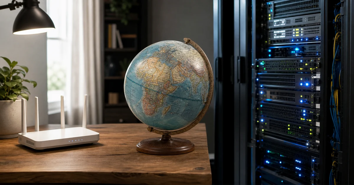 Globe between a home router and a datacenter server rack