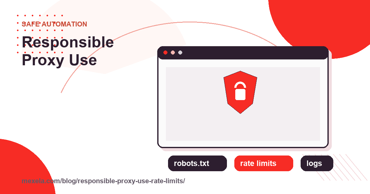 Red and white responsible proxy use cover with robots.txt rate limits and logs badges.
