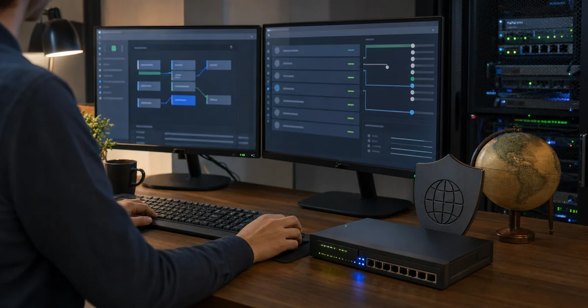 Engineer reviewing abstract AI crawler access routes beside a proxy gateway, privacy shield, globe, and server rack