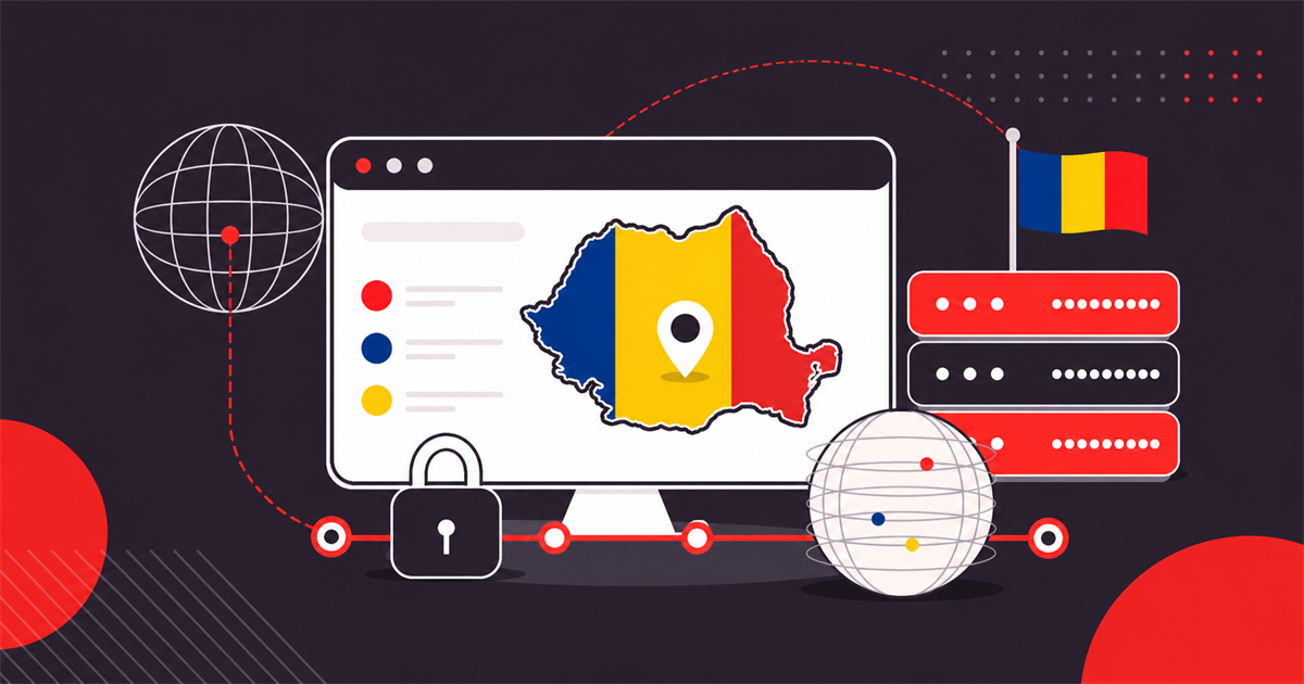Secure Romanian proxy route shown with a Romania map, server nodes, globe, and lock