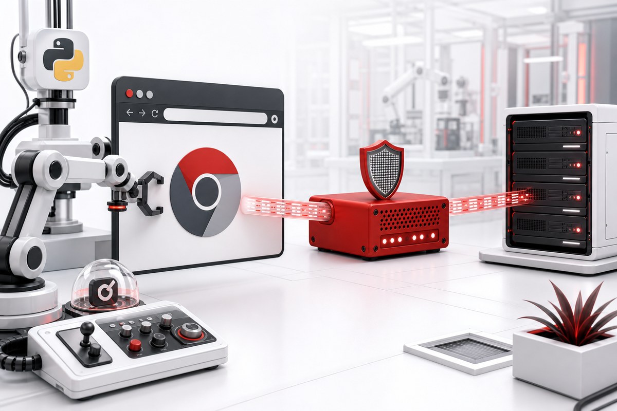 Python Selenium browser session routed through a red proxy gateway toward a test web server