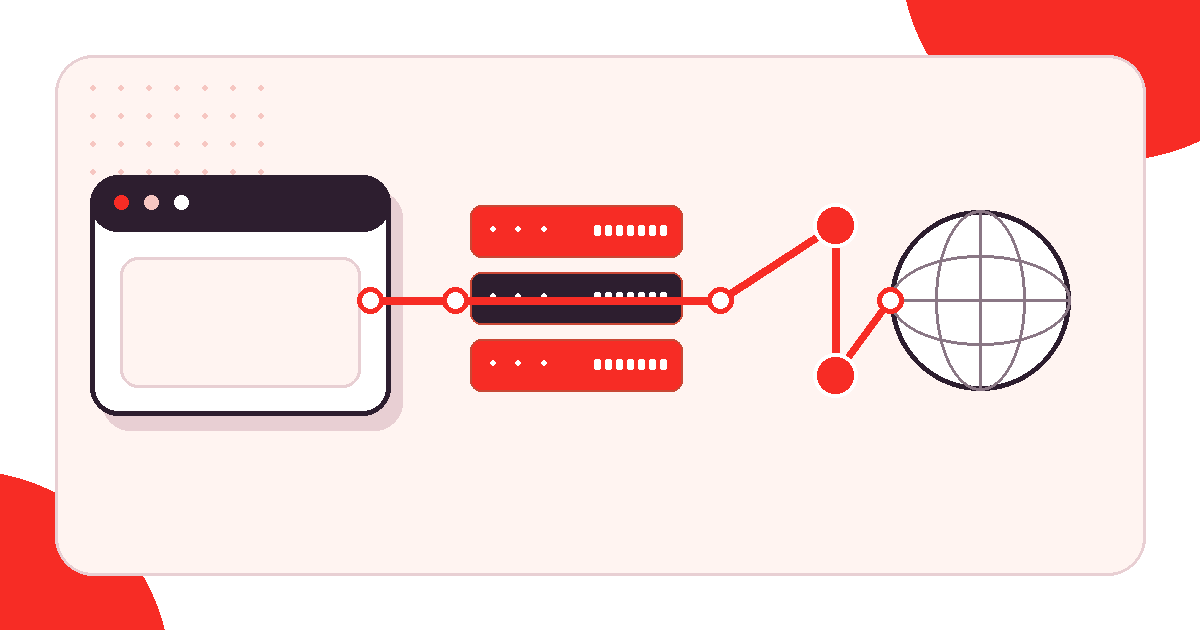 Red and white illustration showing a client IP, proxy gateway, changing exit addresses, and internet destinations