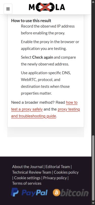 Mexela Checker mobile layout showing four steps for comparing the observed IP before and after enabling a proxy