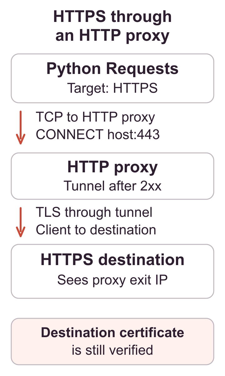 Python Requests connects to an HTTP proxy, sends CONNECT host:443, and verifies destination TLS through the tunnel; the destination sees the proxy exit IP.