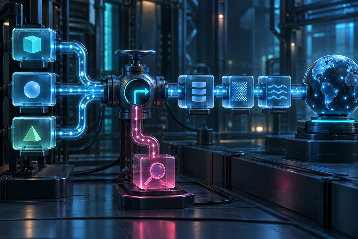 PHP service requests moving through a configurable proxy pipeline toward an API