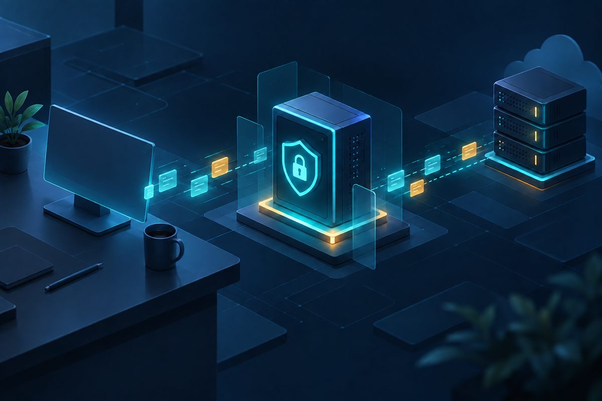 API requests moving from a desktop workspace through a secure proxy gateway
