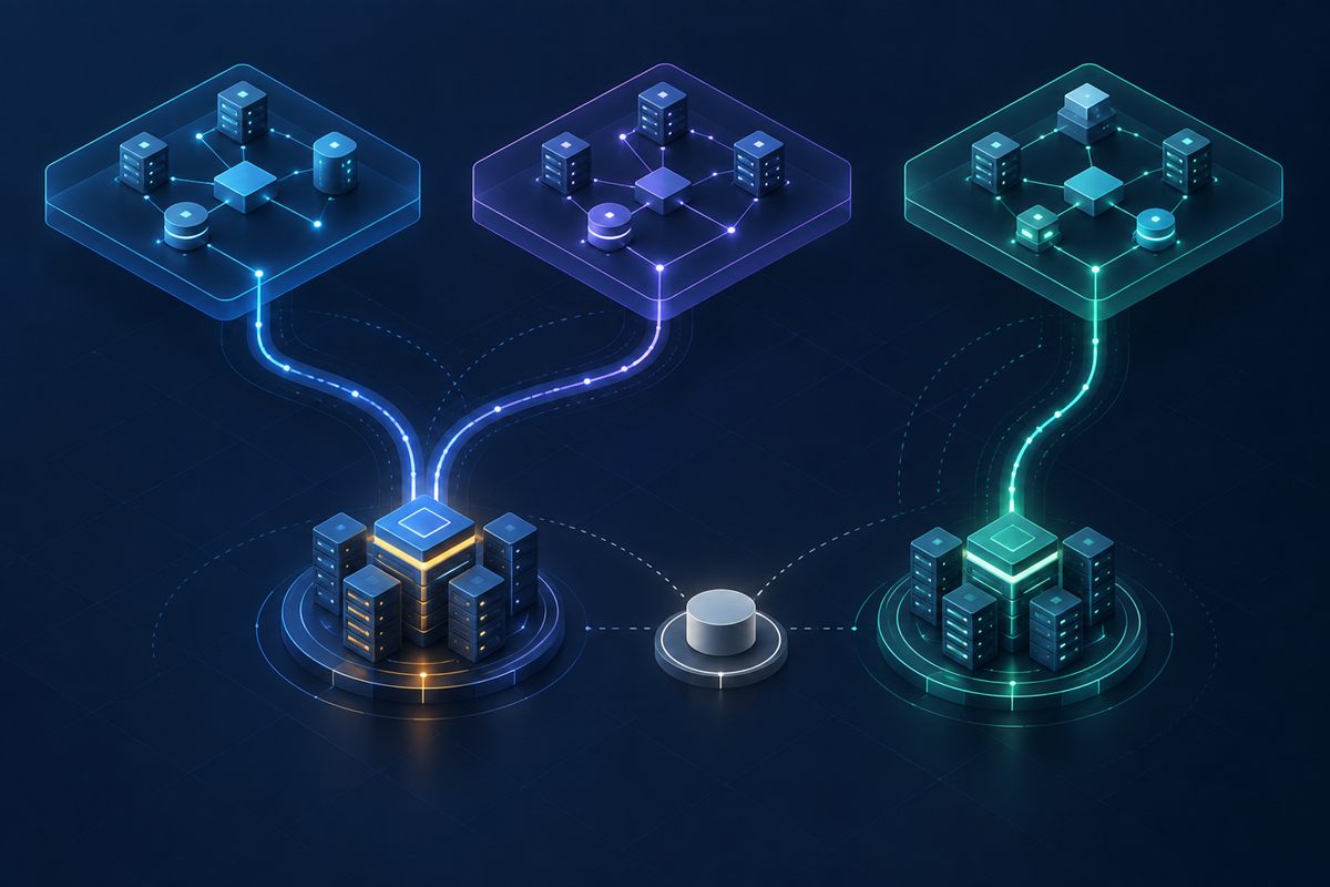 Segmented proxy network showing several address groups connected through shared infrastructure