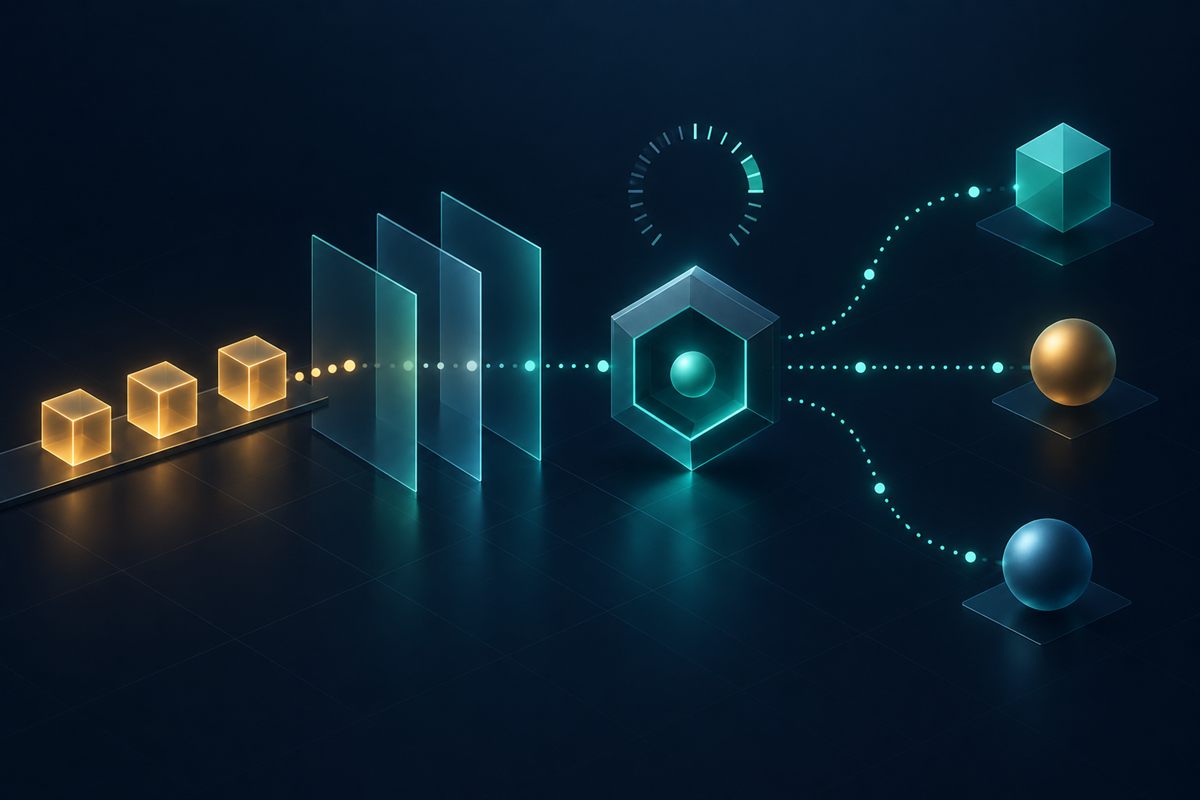 Controlled crawler requests moving through proxy middleware toward approved web destinations